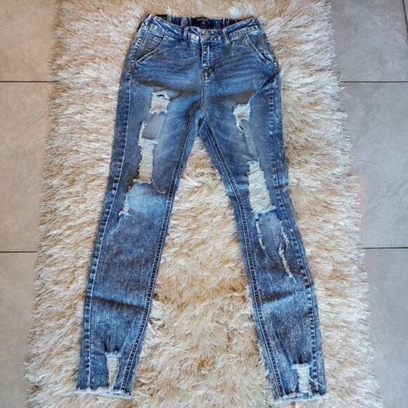 Women's Distressed Skinny Jeans Elastic Waist Bleach Wash - Picture 4 of 4